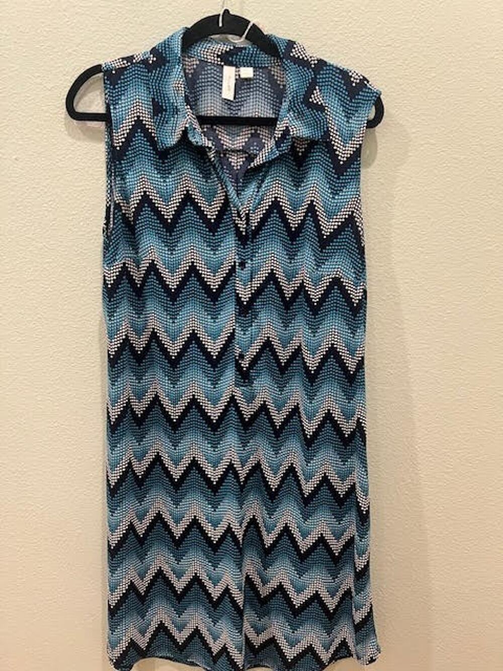 Tacera Woman Size XL SleevelessTurquoise/Blue/White Chevron Polka Dot Dress